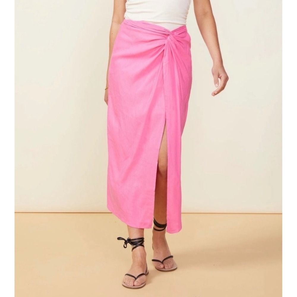 Monrow $198 Midi Linen Side Gathered High Slit Skirt in Vibrant Pink Sz L